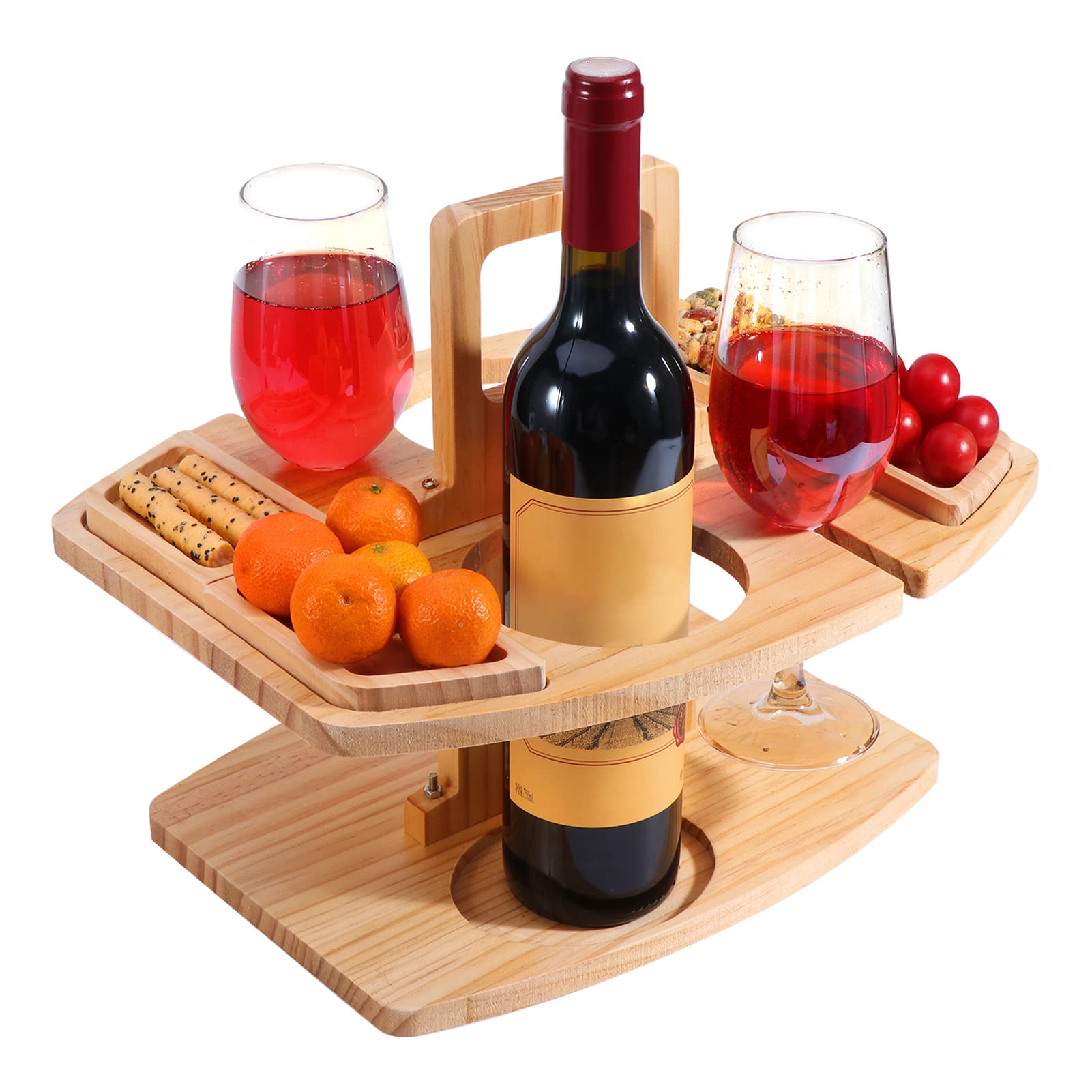 MVPACKEEY Outdoor-Wein-Picknick-Tisch, große klappbare tragbare Holz-Snack- und Käseschale, Fachschale mit Griff, Verstellbarer Weinglashalter für Konzerte im Park, Strand, Campin