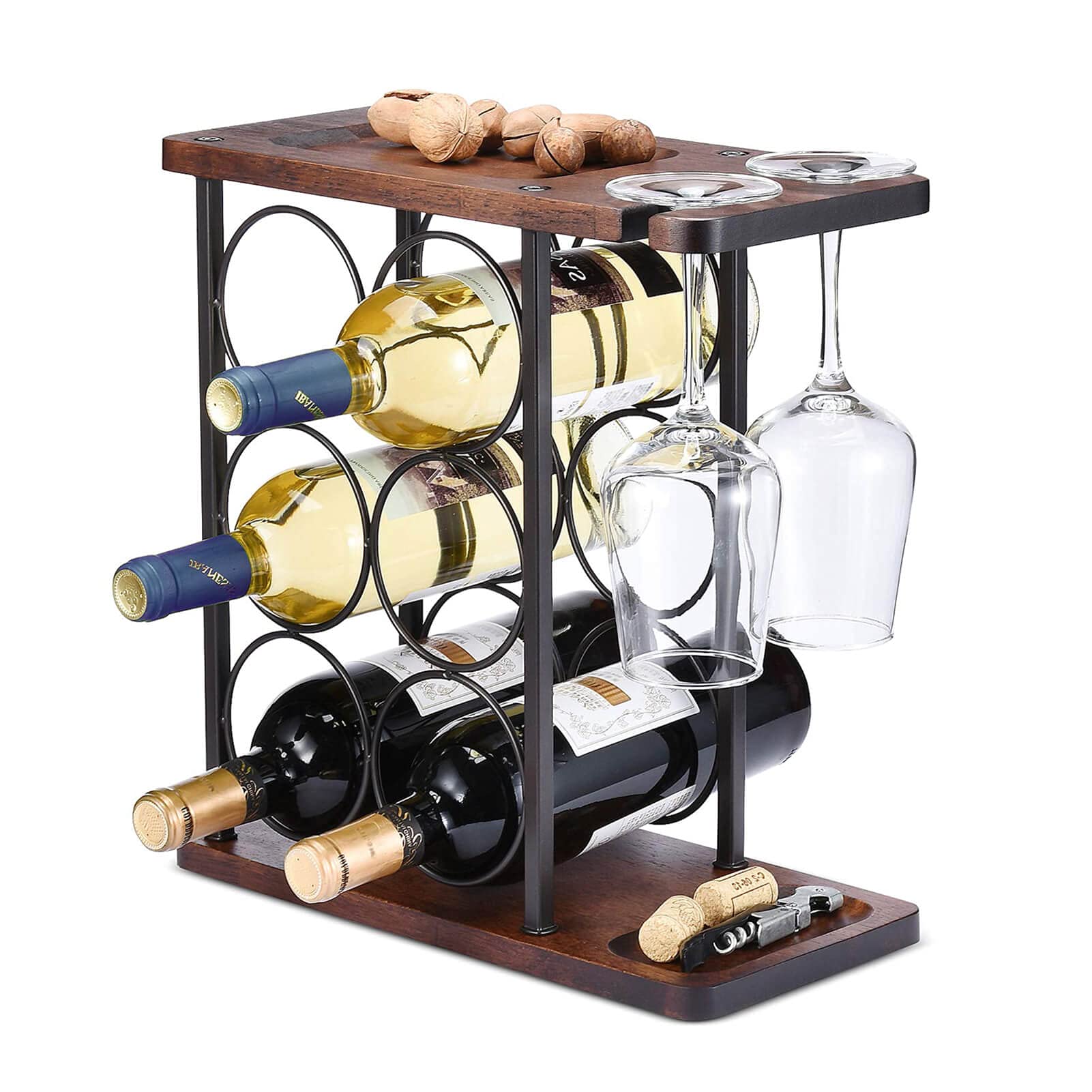 Weinregal mit Glashalter, Tisch-Weinhalter mit Tablett, Freistehendes Weinregal aus Holz, perfekt für Heimdekoration & Küche Aufbewahrungsregal usw. (hält 6 Flaschen und 2 Gläser)