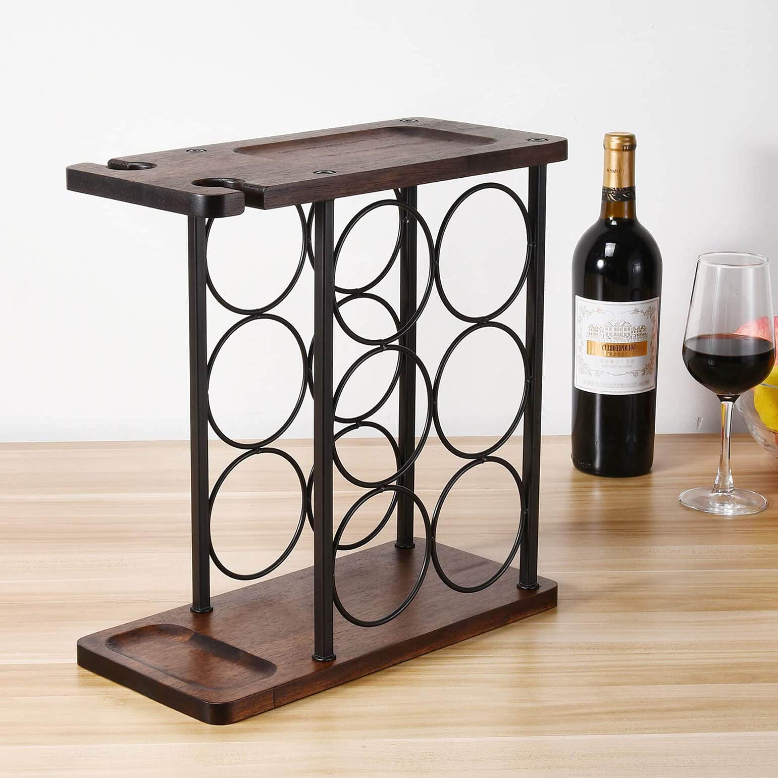 Weinregal mit Glashalter, Tisch-Weinhalter mit Tablett, Freistehendes Weinregal aus Holz, perfekt für Heimdekoration & Küche Aufbewahrungsregal usw. (hält 6 Flaschen und 2 Gläser)