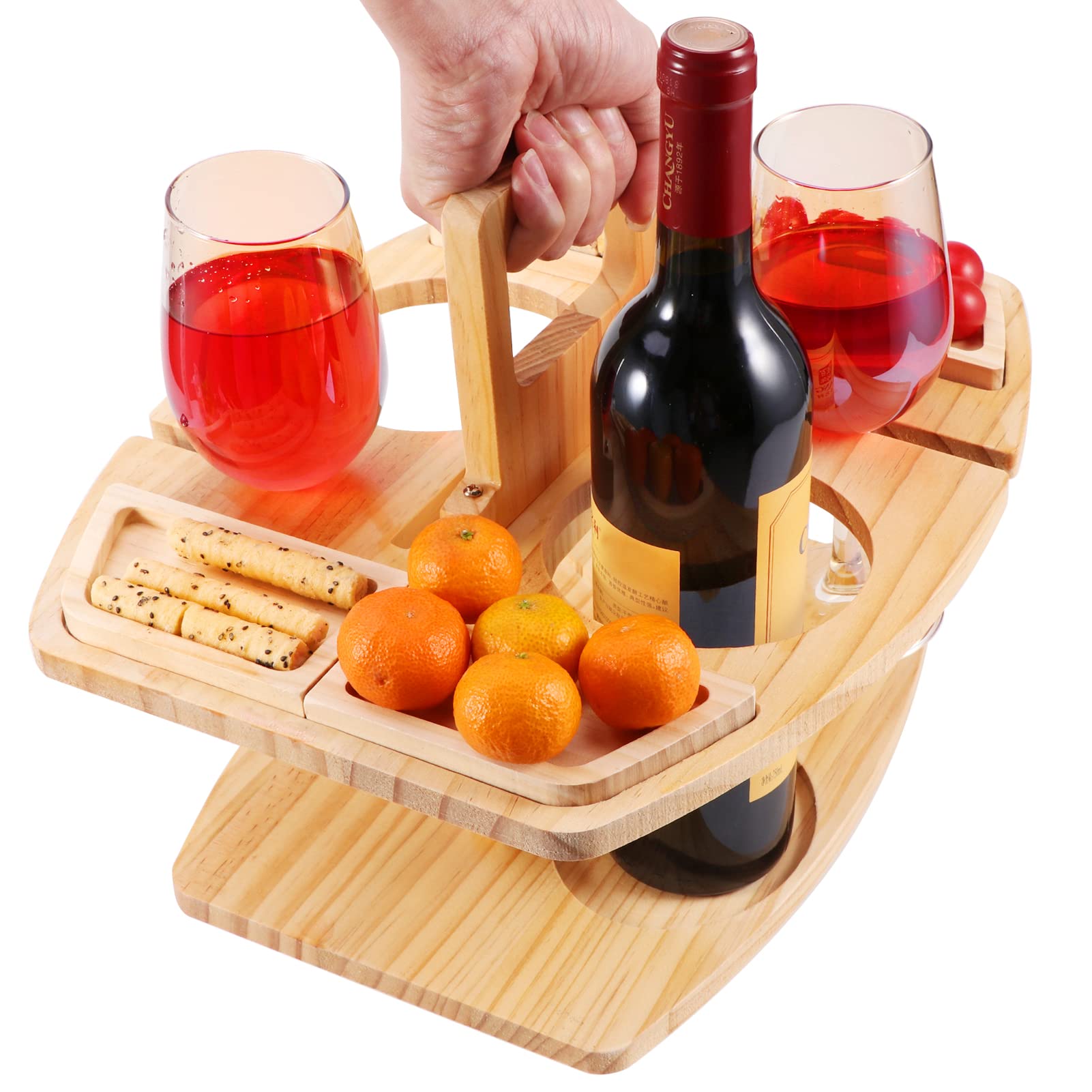 MVPACKEEY Outdoor-Wein-Picknick-Tisch, große klappbare tragbare Holz-Snack- und Käseschale, Fachschale mit Griff, Verstellbarer Weinglashalter für Konzerte im Park, Strand, Campin