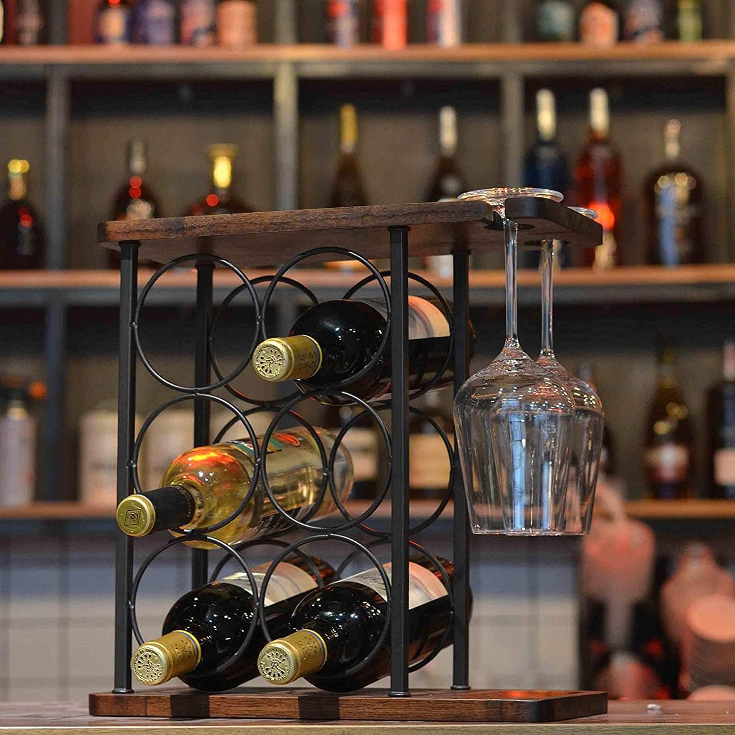 Weinregal mit Glashalter, Tisch-Weinhalter mit Tablett, Freistehendes Weinregal aus Holz, perfekt für Heimdekoration & Küche Aufbewahrungsregal usw. (hält 6 Flaschen und 2 Gläser)
