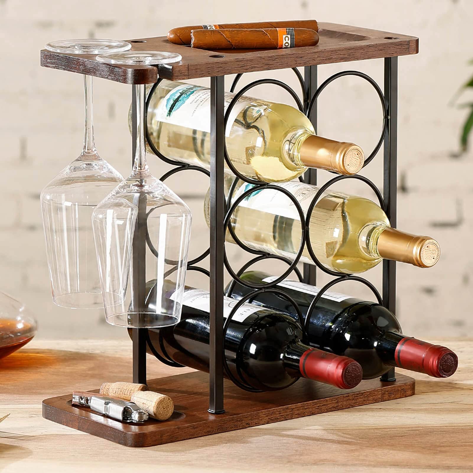 Weinregal mit Glashalter, Tisch-Weinhalter mit Tablett, Freistehendes Weinregal aus Holz, perfekt für Heimdekoration & Küche Aufbewahrungsregal usw. (hält 6 Flaschen und 2 Gläser)