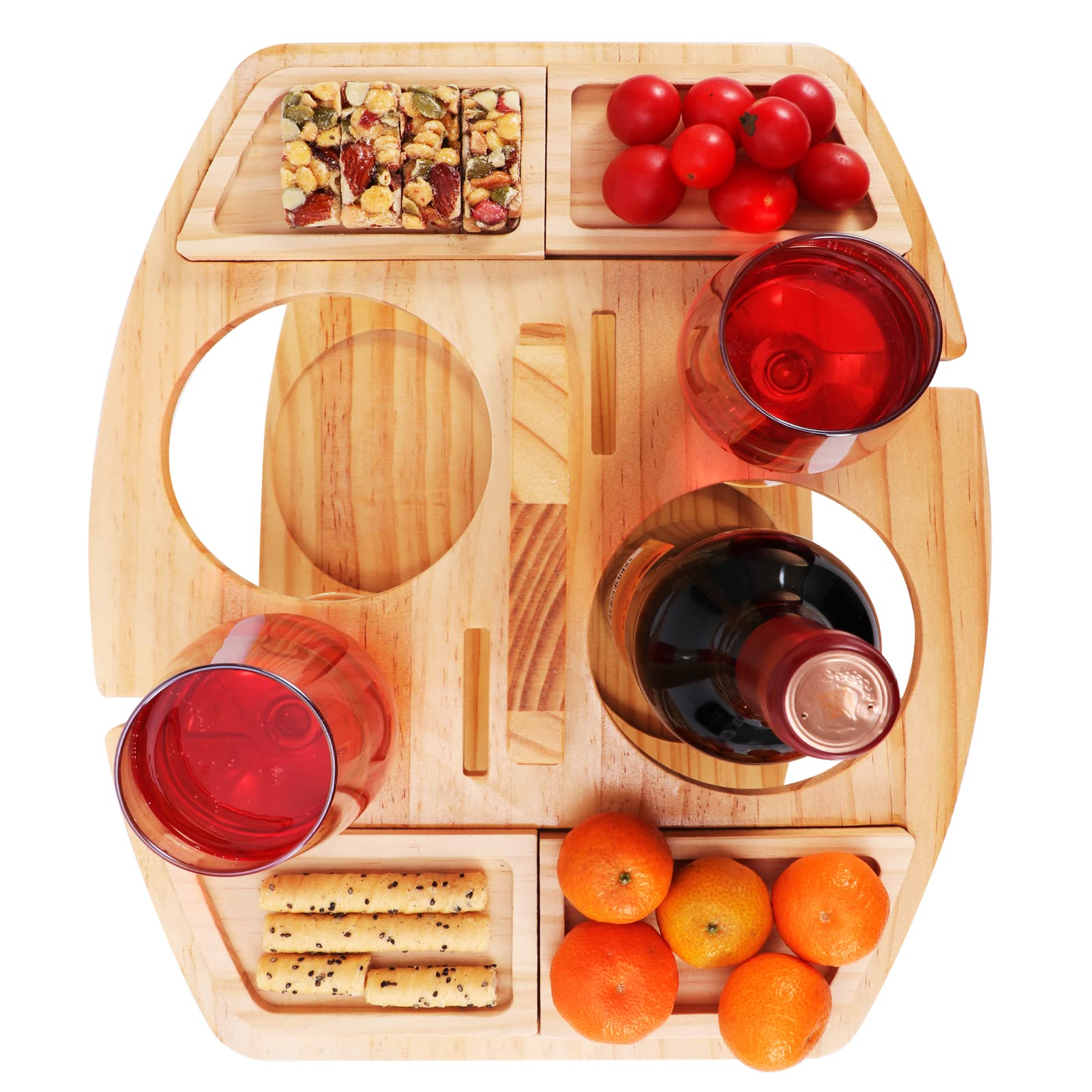 MVPACKEEY Outdoor-Wein-Picknick-Tisch, große klappbare tragbare Holz-Snack- und Käseschale, Fachschale mit Griff, Verstellbarer Weinglashalter für Konzerte im Park, Strand, Campin