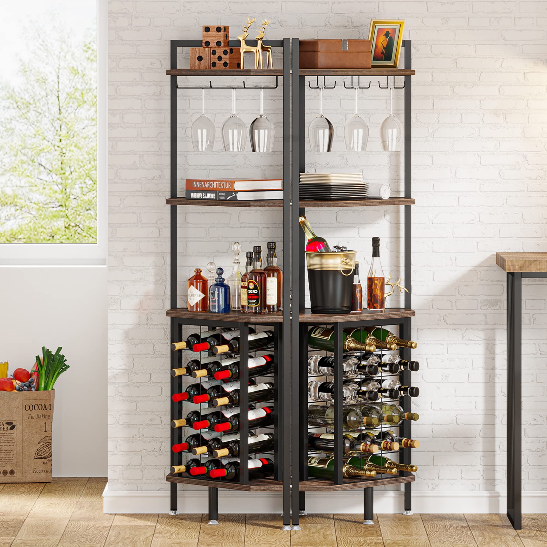 Tribesigns Weinregal Freistehender Boden,4-stöckiges Eck-Weinregal mit Glashalter & Weinaufbewahrung, industrielles Weinregal Weinbar Schrank für Bar, Küche, Esszimmer, Rustikales Braun