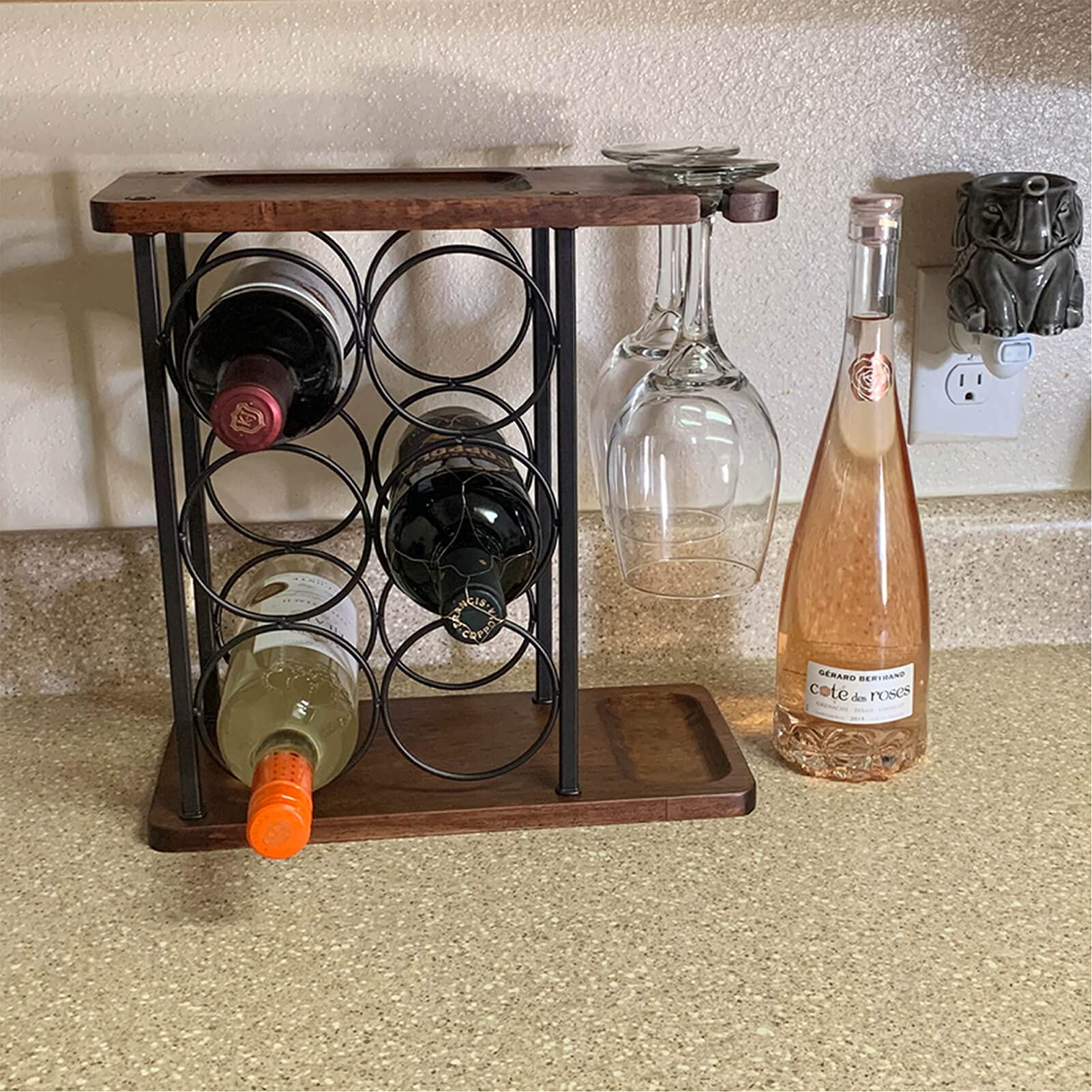 Weinregal mit Glashalter, Tisch-Weinhalter mit Tablett, Freistehendes Weinregal aus Holz, perfekt für Heimdekoration & Küche Aufbewahrungsregal usw. (hält 6 Flaschen und 2 Gläser)